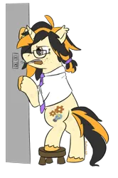 Size: 1315x1978 | Tagged: safe, artist:_butterscotch, derpibooru import, oc, oc:gear sparks, unofficial characters only, pony, unicorn, clothes, female, freckles, horn, image, mane tie, mechanic, necktie, outlet, png, screwdriver, shirt, solo, stool, unshorn fetlocks