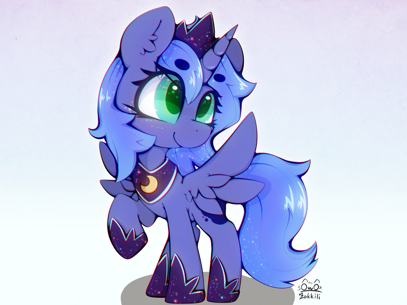 Size: 4000x3000 | Tagged: safe, artist:zokkili, derpibooru import, princess luna, alicorn, pony, g4, beanbrows, crown, ear fluff, eye clipping through hair, eyebrows, eyebrows visible through hair, female, high res, hoof shoes, horn, image, jewelry, jpeg, mare, peytral, princess shoes, raised hoof, regalia, signature, smiling, solo, spread wings, wings