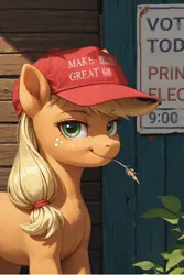 Size: 768x1152 | Tagged: safe, ai content, derpibooru import, machine learning generated, prompter:foxpony, stable diffusion, applejack, earth pony, generator:pony diffusion v6 xl, hat, image, jpeg, looking at you, make america great again, politics, smug, solo, straw in mouth, text