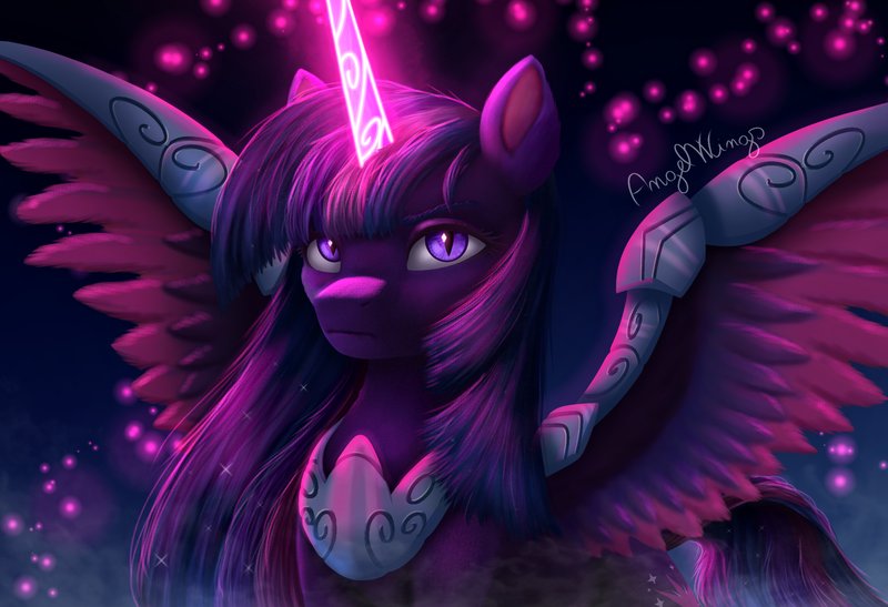 Size: 2273x1554 | Tagged: safe, artist:angelwingsmlpfim, derpibooru import, twilight sparkle, alicorn, pony, g4, female, glow, glowing horn, horn, image, looking at you, magic, mare, night, nightmare twilight, nightmarified, original style, png, signature, simple background, solo, spread wings, wings