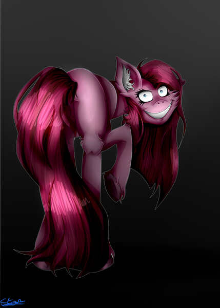 Size: 5905x8267 | Tagged: safe, artist:starblossom15, derpibooru import, pinkie pie, earth pony, pony, g4, black background, creepy, creepy smile, ear fluff, female, grin, image, jpeg, mare, pinkamena diane pie, simple background, smiling, solo, unshorn fetlocks