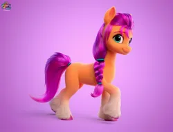 Size: 2280x1752 | Tagged: safe, artist:jonatancatalan, derpibooru import, official, sunny starscout, earth pony, pony, g5, my little pony: a new generation, braid, coat markings, colored hooves, concave belly, concept art, eyebrows, female, fluffy, gradient background, image, jpeg, logo, looking at you, mare, missing cutie mark, my little pony logo, my little pony: a new generation logo, raised hoof, slender, smiling, smiling at you, socks (coat marking), solo, standing, tail, tail band, teal eyes, thin, unshorn fetlocks