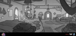 Size: 3600x1740 | Tagged: safe, artist:debbie yeo, artist:yeodebbie, boulder media, derpibooru import, official, g5, my little pony: a new generation, spoiler:my little pony: a new generation, boulder media logo, concept art, globe, grayscale, hasbro, hasbro logo, image, jpeg, living room, logo, monochrome, my little pony logo, my little pony: a new generation logo, netflix, netflix logo, no pony, sunny's house, telescope