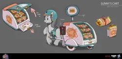 Size: 3600x1740 | Tagged: safe, artist:debbie yeo, artist:yeodebbie, boulder media, derpibooru import, official, sunny starscout, earth pony, pony, g5, my little pony: a new generation, boulder media logo, concept art, female, food, food cart, hasbro, hasbro logo, helmet, image, jpeg, logo, mare, my little pony logo, my little pony: a new generation logo, netflix, netflix logo, raised leg, solo, unshorn fetlocks, walking, wheel