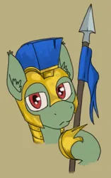 Size: 1853x2950 | Tagged: safe, artist:al solae, derpibooru import, oc, oc:aegis, unofficial characters only, earth pony, pony, armor, armored pony, earth pony oc, image, male, png, royal guard, royal guard armor, solo, spear, stallion, weapon