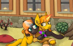 Size: 1627x1028 | Tagged: safe, artist:al solae, derpibooru import, oc, oc:jack o'lantern, oc:rune tracer, unofficial characters only, pony, unicorn, pony town, cuddling, female, glow, glowing horn, horn, image, male, mare, png, snuggling, stallion, unicorn oc