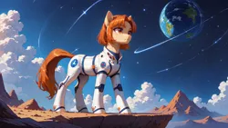 Size: 4416x2496 | Tagged: safe, ai content, derpibooru import, machine learning generated, prompter:bluetoothworld, oc, unofficial characters only, earth pony, pony, clothes, cloud, high res, image, jpeg, mountain, planet, solo, space, stars, suit, wallpaper