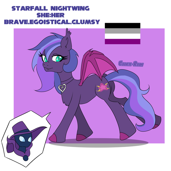 Size: 3997x3997 | Tagged: safe, artist:cookie-ruby, derpibooru import, mare do well, oc, oc:starfall nightwing, unofficial characters only, bat pony, g4, bat pony oc, bat wings, image, png, ponysona, pride flag, pronouns, solo, wings