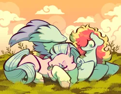 Size: 8000x6202 | Tagged: safe, artist:pewiowl, derpibooru import, oc, pegasus, pony, unicorn, art, cuddling, digital art, horn, image, png, sleeping, sunset