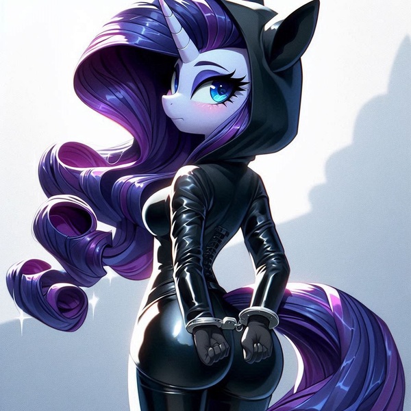 Size: 1024x1024 | Tagged: suggestive, ai content, derpibooru import, machine learning generated, rarity, anthro, g4, arrested, ass, blushing, bondage, breasts, butt, catsuit, clothes, cuffed, cuffs, female, fist, frown, gloves, hands behind back, hood, image, jpeg, latex, latex suit, looking at you, looking back, looking back at you, shiny, simple background, solo, solo female