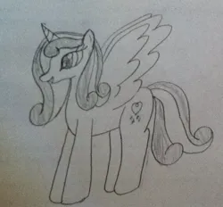 Size: 777x720 | Tagged: safe, artist:lunashy21, derpibooru import, princess flurry heart, alicorn, pony, g4, female, flurry heart's cutie mark, horn, image, jpeg, male, monochrome, older, older flurry heart, simple background, solo, spread wings, traditional art, white background, wings