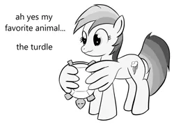 Size: 1205x892 | Tagged: safe, artist:anonymous, derpibooru import, rainbow dash, pegasus, pony, tortoise, turtle, g4, drawthread, female, grayscale, image, mare, mispronunciation, monochrome, png, ponified manga, requested art, simple background, solo, white background, wing hold, wings