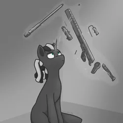 Size: 1000x1000 | Tagged: safe, artist:chgnk3r, derpibooru import, oc, oc:tungsten shell, unofficial characters only, pony, unicorn, grayscale, green eyes, gun, horn, image, male, military, monochrome, png, sitting, solo, weapon