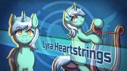 Size: 1920x1080 | Tagged: safe, artist:bkiltersot, derpibooru import, lyra heartstrings, pony, unicorn, g4, danganronpa, female, front view, horn, image, lyre, mare, musical instrument, png, smiling, solo, text