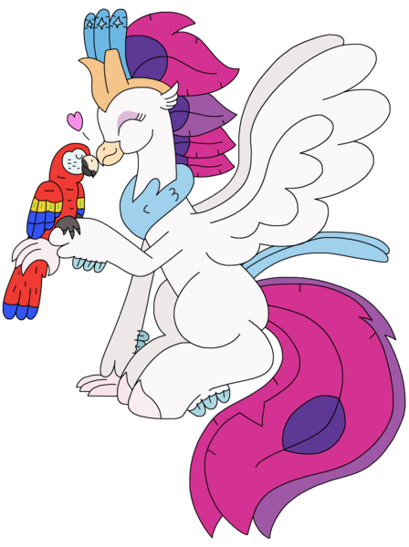 Size: 1976x2649 | Tagged: safe, artist:supahdonarudo, derpibooru import, queen novo, bird, classical hippogriff, hippogriff, macaw, parrot, scarlet macaw, g4, my little pony: the movie, cute, heart, image, novobetes, nuzzling, png, simple background, sitting, transparent background