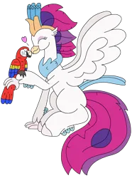 Size: 1976x2649 | Tagged: safe, artist:supahdonarudo, derpibooru import, queen novo, bird, classical hippogriff, hippogriff, macaw, parrot, scarlet macaw, g4, my little pony: the movie, cute, heart, image, novobetes, nuzzling, png, simple background, sitting, transparent background