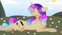 Size: 750x421 | Tagged: safe, artist:selcix, derpibooru import, oc, oc:selena moon, pony, unicorn, cloud, day, female, floppy ears, flower, flower field, hill, horn, image, jpeg, looking back, lying down, mare, solo, sun, unicorn oc