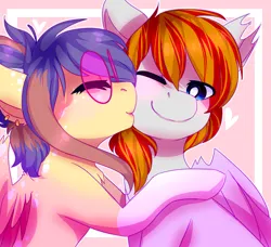 Size: 4000x3650 | Tagged: safe, artist:amiicommissions, derpibooru import, oc, oc:cookie, oc:heartfire, unofficial characters only, pegasus, pony, digital art, female, glasses, image, kissing, male, mare, png, stallion