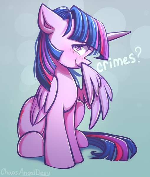 Size: 1052x1240 | Tagged: safe, artist:chaosangeldesu, derpibooru import, twilight sparkle, twilight sparkle (alicorn), alicorn, pony, blushing, cute, female, floppy ears, image, jpeg, looking at you, mare, question mark, sitting, smiling, smiling at you, solo, text, twiabetes, wings