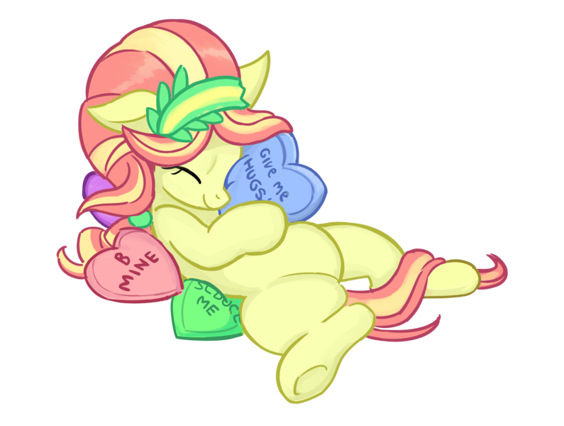 Size: 2344x1768 | Tagged: safe, artist:anonymous, derpibooru import, ruby love, scarlet heart, crystal pony, earth pony, pony, g4, be mine, conversation heart, cute, drawthread, eyes closed, female, heart, heart plush, hoof hold, hugging a plushie, image, lying down, mare, on back, plushie, png, requested art, seduce me, simple background, transparent background