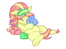 Size: 2344x1768 | Tagged: safe, artist:anonymous, derpibooru import, ruby love, scarlet heart, crystal pony, earth pony, pony, g4, be mine, conversation heart, cute, drawthread, eyes closed, female, heart, heart plush, hoof hold, hugging a plushie, image, lying down, mare, on back, plushie, png, requested art, seduce me, simple background, transparent background