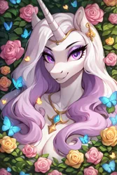 Size: 896x1344 | Tagged: suggestive, ai content, derpibooru import, machine learning generated, prompter:saberclaw1x, stable diffusion, fleur-de-lis, anthro, butterfly, insect, unicorn, g4, big breasts, breasts, busty fleur-de-lis, cleavage, diadem, female, flower, horn, image, jewelry, looking at you, necklace, pendant, png, regalia, rose, smiling, smiling at you, solo, solo female