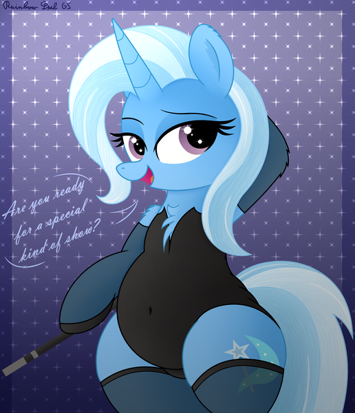 Size: 2928x3406 | Tagged: safe, artist:rainbowšpekgs, derpibooru import, trixie, pony, unicorn, g4, bedroom eyes, bipedal, chubby, clothes, dialogue, horn, image, leotard, magic wand, magician, open mouth, png, socks, speech bubble, standing, stockings, thigh highs