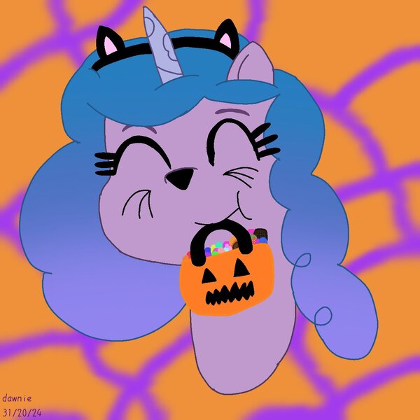 Size: 1280x1280 | Tagged: safe, artist:dawnie, derpibooru import, izzy moonbow, pony, unicorn, g5, abstract background, animal costume, candy, cat costume, cat ears, clothes, costume, female, food, halloween, halloween costume, holiday, horn, image, jpeg, mare, nightmare night, nightmare night costume, pumpkin, solo, unitober 2024