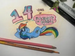 Size: 2048x1534 | Tagged: safe, artist:flutterpawss, derpibooru import, rainbow dash, pegasus, pony, g4, colored pencil drawing, female, image, jpeg, lying down, mare, mlp fim's fourteenth anniversary, on back, pencil, pencil drawing, photo, solo, sunglasses, traditional art