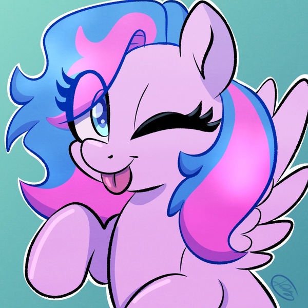 Size: 1280x1280 | Tagged: safe, artist:flutterpawss, derpibooru import, oc, oc:flutters, unofficial characters only, pegasus, pony, ;p, eye clipping through hair, female, image, jpeg, looking at you, mare, one eye closed, raspberry, smiling, solo, spread wings, tongue out, wings, wink