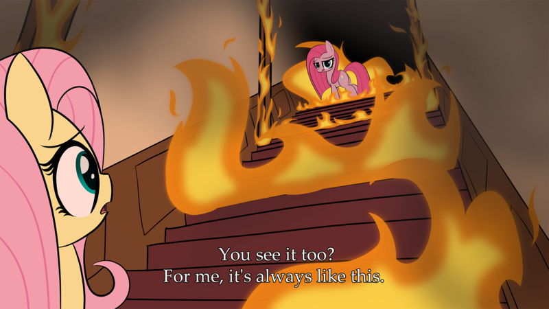 Size: 1920x1080 | Tagged: safe, artist:cortavi, derpibooru import, fluttershy, pinkie pie, earth pony, pegasus, pony, g4, burning, crossover, dialogue, duo, female, fire, image, mare, open mouth, pinkamena diane pie, png, sad, silent hill, silent hill 2, smoke, stairs, text, video game