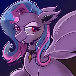 Size: 3000x3000 | Tagged: safe, artist:flutterpawss, derpibooru import, oc, oc:flutters, bat pony, pony, fangs, female, floppy ears, image, jpeg, lidded eyes, mare, solo, spread wings, wings