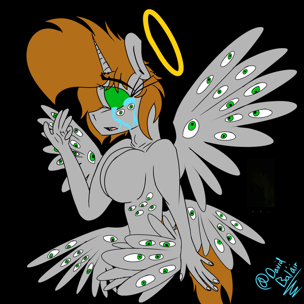 Size: 1700x1700 | Tagged: suggestive, artist:david_bal'air, derpibooru import, oc, oc:littlepip, anthro, unicorn, fallout equestria, angel, biblically accurate angels, biblically accurate pip, breasts, crying, eye, eyes, fingernails, halo, horn, image, looking at you, multiple eyes, png, shocked, shocked expression, spread wings, tears of relief, wings