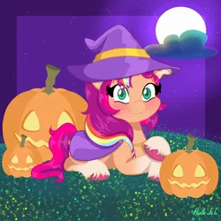 Size: 2048x2048 | Tagged: safe, artist:pearl a.g, derpibooru import, sunny starscout, earth pony, pony, g5, cloak, clothes, cloud, costume, female, full moon, halloween, halloween costume, hat, holiday, image, jpeg, looking at you, lying down, mane stripe sunny, mare, moon, night, night sky, nightmare night, nightmare night costume, outdoors, prone, pumpkin, sky, solo, witch hat