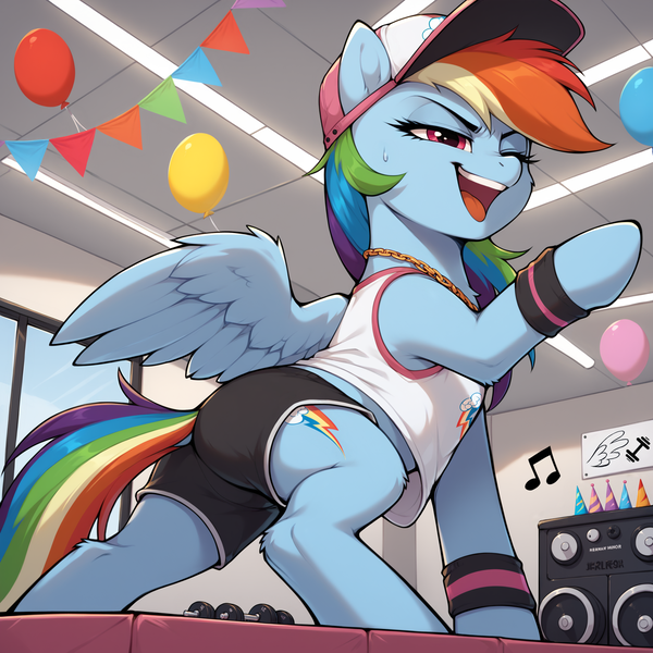 Size: 1536x1536 | Tagged: safe, ai content, derpibooru import, generator:bluefox mix, machine learning generated, stable diffusion, rainbow dash, pegasus, pony, g4, arm fluff, audio equipment, balloon, baseball cap, cap, chain necklace, cheek fluff, chest fluff, clothes, confident, cutie mark, cutie mark on clothes, dock, dumbbell (object), female, full body, gold chain, gym, gym shorts, hat, image, indoors, jewelry, leg fluff, lidded eyes, low angle, mare, music notes, necklace, nose wrinkle, one eye closed, open mouth, partially open wings, party, party hat, pennant, png, prompter:tyto4tme4l, raised hoof, rapper, rapper dash, solo, speaker, stage, sweat, sweatband, sweatdrop, symbol, tail, tanktop, weights, window, wing fluff, wings, youtube link in the description