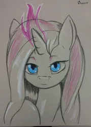 Size: 1624x2269 | Tagged: safe, artist:edgarkingmaker, derpibooru import, oc, oc:cherrystripe, unofficial characters only, unicorn, colored pencil drawing, horn, image, jpeg, solo, traditional art