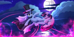 Size: 1280x640 | Tagged: safe, artist:darksly, derpibooru import, twilight sparkle, oc, oc:flawless sparklemoon, pony, unicorn, g4, cape, clothes, fight, fusion, fusion:trixie, fusion:twilight sparkle, fusion:twixie, hat, horn, image, jpeg, kick, kicking, moon, my little pony the movie: the death of twilight sparkle, top hat