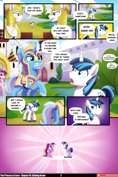 Size: 3538x5307 | Tagged: safe, artist:lummh, artist:whitequartztheartist, derpibooru import, princess cadance, shining armor, alicorn, pony, unicorn, comic:the princess of love, g4, absurd resolution, canterlot, comic, female, horn, image, male, mare, png, royal guard, speech bubble, stallion, teen princess cadance, younger