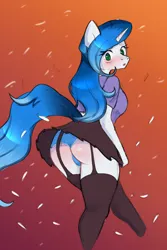 Size: 3000x4500 | Tagged: suggestive, artist:ranillopa, derpibooru import, oc, unofficial characters only, anthro, unicorn, blushing, clothes, female, garter belt, gradient background, high res, horn, image, looking back, panties, png, skirt, socks, solo, solo female, stockings, thigh highs, underwear, upskirt, wind