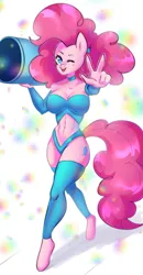 Size: 1667x3199 | Tagged: safe, artist:ranillopa, derpibooru import, pinkie pie, anthro, earth pony, unguligrade anthro, breasts, cleavage, female, high res, holding, image, looking at you, midriff, one eye closed, party cannon, peace sign, png, solo, walking, wink