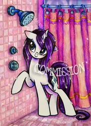 Size: 1480x2048 | Tagged: safe, artist:dariarchangel, derpibooru import, rarity, pony, unicorn, g4, adorable face, bath time, bathing, beautiful, blue eyes, blue eyeshadow, blushing, commission, cute, cute face, cute smile, detailed background, ear blush, eyeshadow, female, floppy ears, horn, image, indoors, jpeg, long hair, long mane, long tail, looking at something, looking up, makeup, mare, obtrusive watermark, pretty, purple hair, purple mane, purple tail, raised hoof, raribetes, rarity being rarity, shower curtain, shower head, showering, smiling, solo, sparkles, standing, standing on three hooves, sweet dreams fuel, tail, tile, tiled floor, traditional art, washing hair, water, water drops, watermark, wet, wet hair, wet mane, wet mane rarity, wet tail, white coat