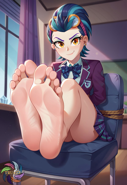 Size: 2496x3648 | Tagged: suggestive, ai content, derpibooru import, generator:civitai, machine learning generated, prompter:trux23, indigo zap, human, equestria girls, g4, arm behind back, barefoot, bondage, feet, female, fetish, foot fetish, foot focus, image, indoors, jpeg, looking at you, rope, rope bondage, sitting, smiling, smiling at you, soles, solo, solo female, tied to chair, toes