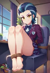 Size: 2496x3648 | Tagged: suggestive, ai content, derpibooru import, generator:civitai, machine learning generated, prompter:trux23, indigo zap, human, equestria girls, g4, ankle tied, arm behind back, barefoot, bondage, feet, female, fetish, foot fetish, image, indoors, jpeg, looking at you, rope, rope bondage, sitting, smiling, smiling at you, solo, solo female, tied to chair, toes