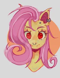 Size: 1024x1324 | Tagged: safe, artist:zucherry, derpibooru import, fluttershy, bat pony, bat ponified, bust, deviantart watermark, ear piercing, earring, fangs, female, flutterbat, image, jewelry, jpeg, nose piercing, nose ring, obtrusive watermark, piercing, portrait, race swap, red eyes, solo, watermark