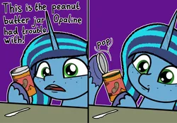 Size: 2048x1419 | Tagged: safe, artist:ewoudcponies, derpibooru import, pony, unicorn, g5, 2 panel comic, butter knife, comic, dialogue, female, food, hoof hold, horn, image, implied opaline arcana, knife, mare, misty brightdawn, peanut butter, peanut butter jar, png, purple background, simple background, solo