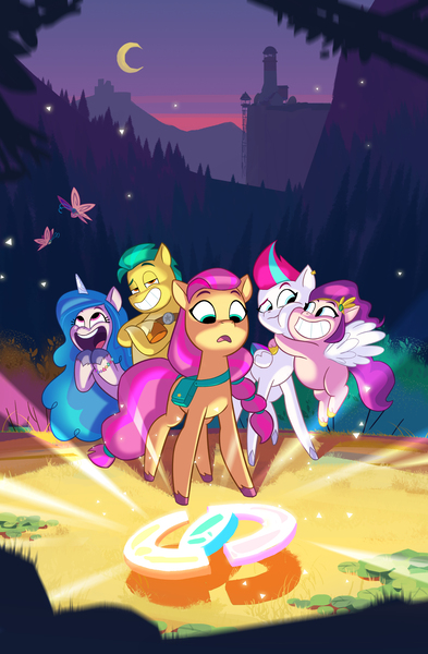 Size: 2617x4000 | Tagged: safe, artist:claudio naccari, artist:finnbarr martin, artist:piotr bzdura, derpibooru import, official, hitch trailblazer, izzy moonbow, pipp petals, sunny starscout, zipp storm, butterfly, earth pony, insect, pegasus, pony, unicorn, g5, concept art, crescent moon, female, horn, image, jpeg, lighthouse, male, mane five, mare, moon, my little pony g5 2d show (boulder media), stallion