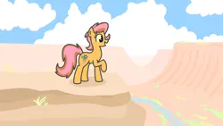 Size: 1920x1080 | Tagged: safe, artist:purblehoers, derpibooru import, oc, oc:kurntis, unofficial characters only, brown mane, brown tail, cactus, cliff, cloud, desert, flower, grand canyon, happy, heterochromia, image, orange coat, pink mane, pink tail, plant, png, raised hoof, rock, side view, sky, smiling, solo, tail, thank you op, yellow eyes