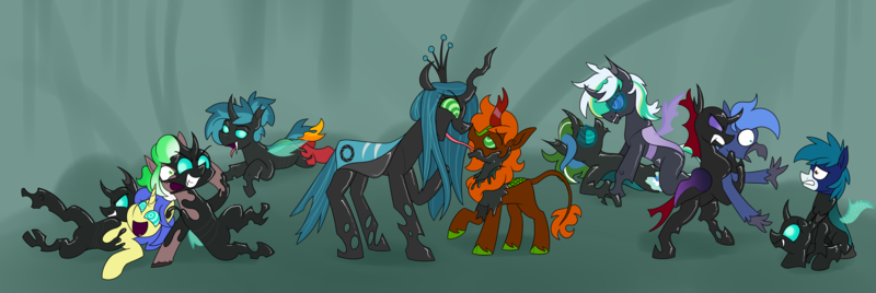 Size: 6000x2010 | Tagged: suggestive, artist:moonatik, derpibooru import, pharynx, queen chrysalis, thorax, oc, oc:azulito, oc:bullvalene, oc:cutting edge, oc:fallen leaf, oc:logical leap, oc:siriusnavigator, oc:tracer wake, changeling, changeling queen, classical hippogriff, hippogriff, kirin, pegasus, pony, unicorn, g4, changeling oc, commission, ear penetration, female, french kiss, hippogriff oc, horn, hypnosis, image, kirin oc, kissing, living clothes, living latex, living suit, male, mare, mind control, pegasus oc, penetration, png, rubber drone, sex, stallion, transformation, unicorn oc, wings