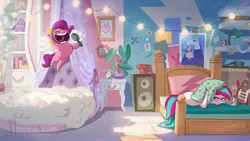 Size: 3146x1770 | Tagged: safe, derpibooru import, official, pipp petals, zipp storm, pegasus, pony, g5, bed, brush, clock, concept art, female, flying, guitar, headband, image, jpeg, mare, musical instrument, my little pony g5 2d show (boulder media), open mouth, phone, pillow, royal sisters (g5), siblings, singing, sisters, speaker, unamused, volumetric mouth, zipp storm is not amused