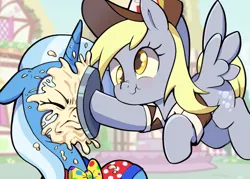 Size: 1496x1069 | Tagged: safe, derpibooru import, derpy hooves, trixie, pegasus, pony, unicorn, g4, bow, clown, eyes closed, female, flying, food, hat, horn, image, jpeg, mailmare, mailmare hat, mailmare uniform, mare, pie, ponyville, scrunchy face, spread wings, wings